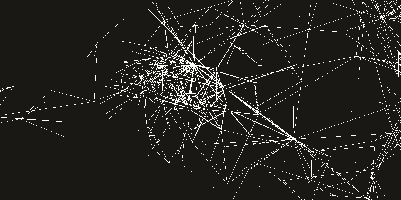 A run of eighteen new notes, drawn as crosses among the test vault's notes, linked to the notes they name by solid lines; four screened lines propose links, and three faint lines ask about an association and a missing note