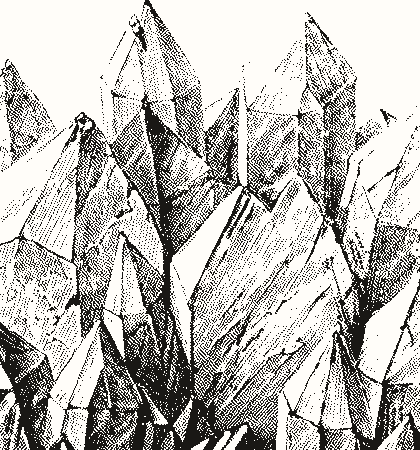 A group of rock crystals, six-sided prisms ending in pointed faces, drawn in one-bit ink